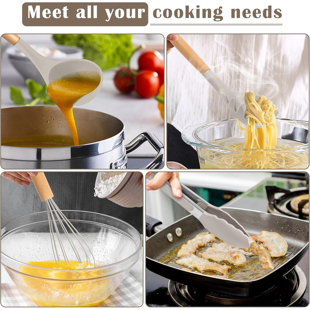 E - far Silicone Cooking Utensils Set, 10 - Piece Heat Resistant Kitchen Utensils Set with Wooden Handle for Nonstick Cookware, Kitchen Nonstick Tools Spatula Whisk Tongs Ladle, Non - toxic & Healthy(Khaki) - Just Closeouts Canada Inc.