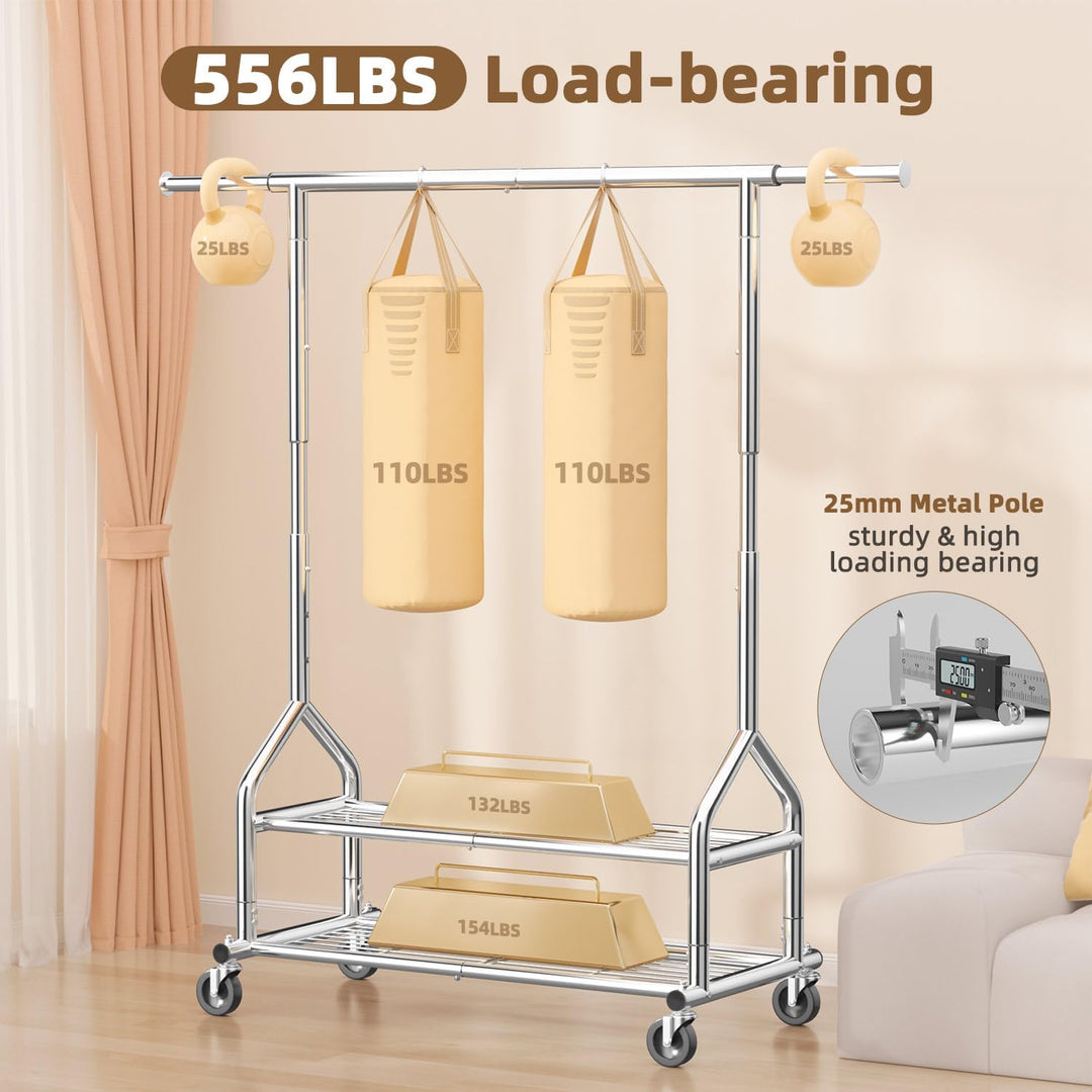 EAGMAK Heavy Duty Clothes Rack Load 556 LBS, Rolling Clothing Rack With Shelves, Height Adjustable Metal Clothes Hanger with Wheels Portable Wardrobe Organizer Garment Rod for Hanging Clothes (Silver) - Just Closeouts Canada Inc.