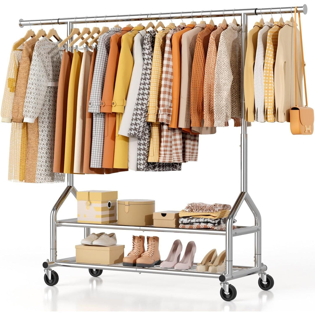 EAGMAK Heavy Duty Clothes Rack Load 556 LBS, Rolling Clothing Rack With Shelves, Height Adjustable Metal Clothes Hanger with Wheels Portable Wardrobe Organizer Garment Rod for Hanging Clothes (Silver) - Just Closeouts Canada Inc.