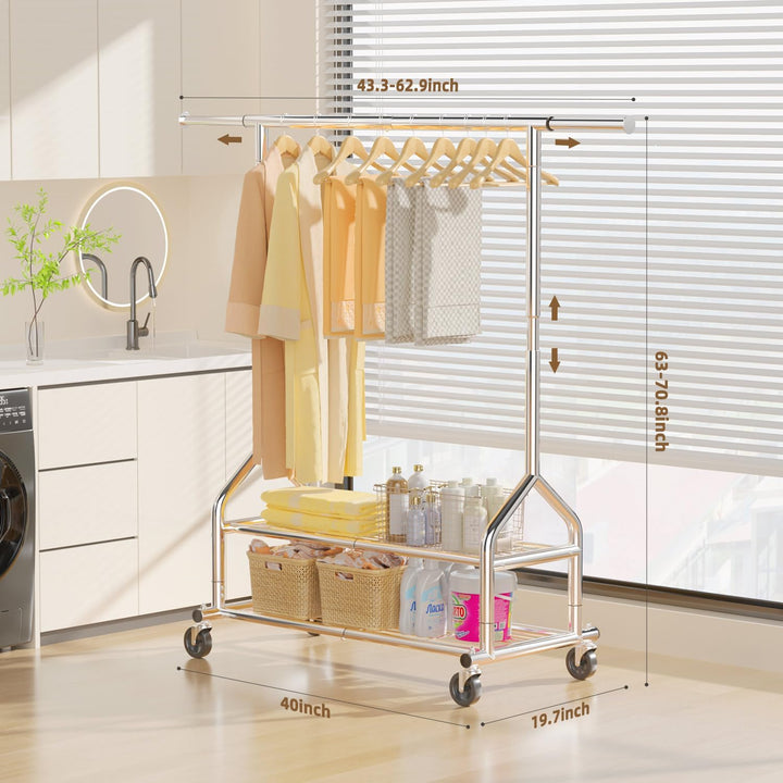 EAGMAK Heavy Duty Clothes Rack Load 556 LBS, Rolling Clothing Rack With Shelves, Height Adjustable Metal Clothes Hanger with Wheels Portable Wardrobe Organizer Garment Rod for Hanging Clothes (Silver) - Just Closeouts Canada Inc.