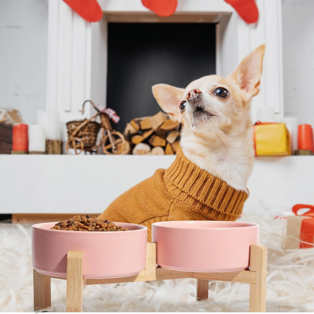 Elevated Ceramic Dog Bowl Set - Raised Feeding Bowls with Non - Slip Bamboo Stand - Small Pet Dishes for Food and Water - Ideal for Cats and Puppies, Pink 480 ML - Just Closeouts Canada Inc.