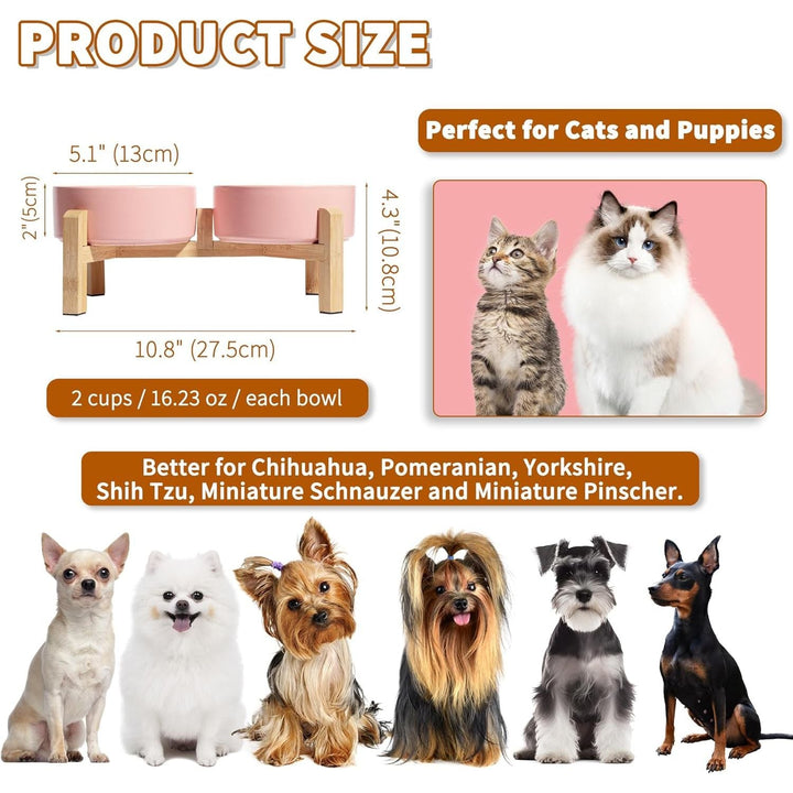 Elevated Ceramic Dog Bowl Set - Raised Feeding Bowls with Non - Slip Bamboo Stand - Small Pet Dishes for Food and Water - Ideal for Cats and Puppies, Pink 480 ML - Just Closeouts Canada Inc.