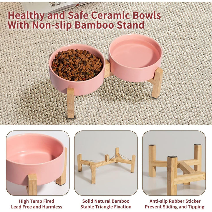 Elevated Ceramic Dog Bowl Set - Raised Feeding Bowls with Non - Slip Bamboo Stand - Small Pet Dishes for Food and Water - Ideal for Cats and Puppies, Pink 480 ML - Just Closeouts Canada Inc.