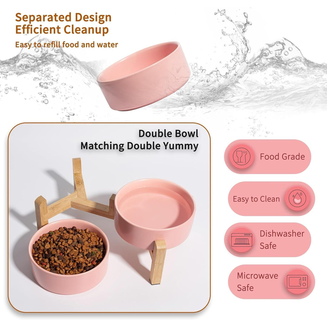 Elevated Ceramic Dog Bowl Set - Raised Feeding Bowls with Non - Slip Bamboo Stand - Small Pet Dishes for Food and Water - Ideal for Cats and Puppies, Pink 480 ML - Just Closeouts Canada Inc.