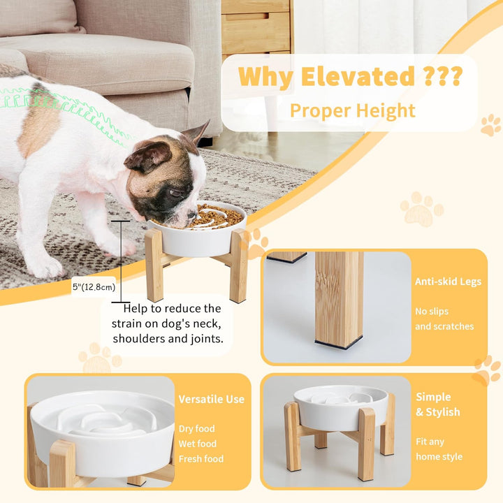 Elevated Slow Feeder Dog Bowl - Raised Ceramic Dog Bowl with Anti - Slip Stand - Fun Maze Dog Feeding Bowl for Fast Eater - Heavy Dog Food Dish - Designed for Small and Medium Dogs - White - 6.7 inch - Just Closeouts Canada Inc.