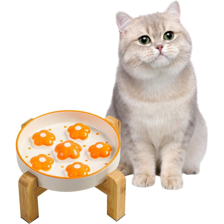 Elevated Slow Feeding Cat Bowl - Raised Anti - Slip Bamboo Stand - Colorful Maze Cat Dish - 6 OZ - Bright Orange Flower - Just Closeouts Canada Inc.X0046UMQSZ