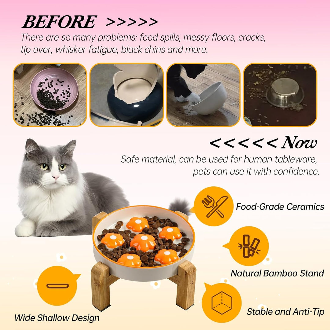 Elevated Slow Feeding Cat Bowl - Raised Anti - Slip Bamboo Stand - Colorful Maze Cat Dish - 6 OZ - Bright Orange Flower - Just Closeouts Canada Inc.X0046UMQSZ