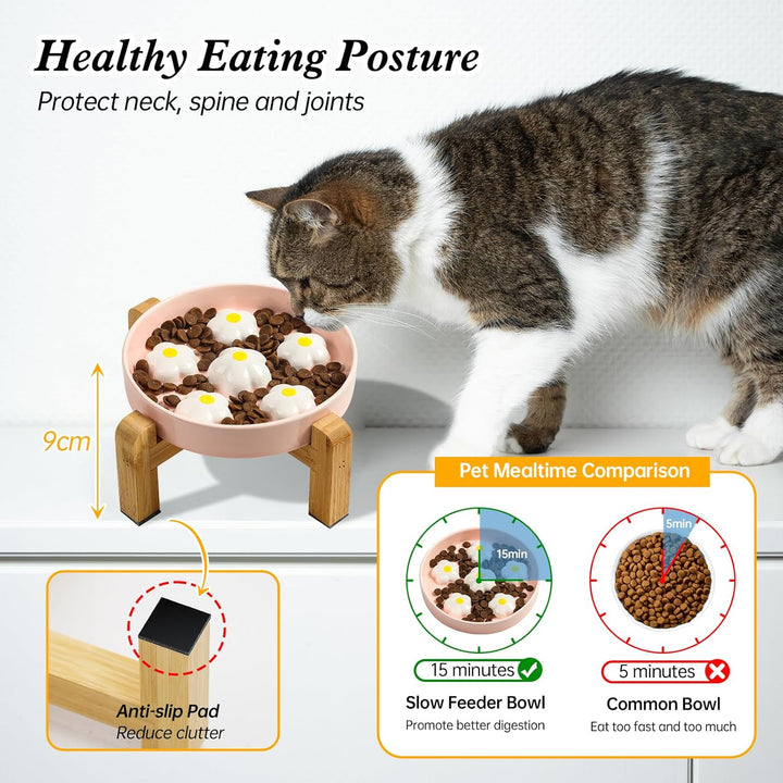 Elevated Slow Feeding Cat Feeder: Raised Cat Feeder with Non - Slip Bamboo Stand: Slow Feeder for Cats, White Flower - Just Closeouts Canada Inc.X0046UC8R9