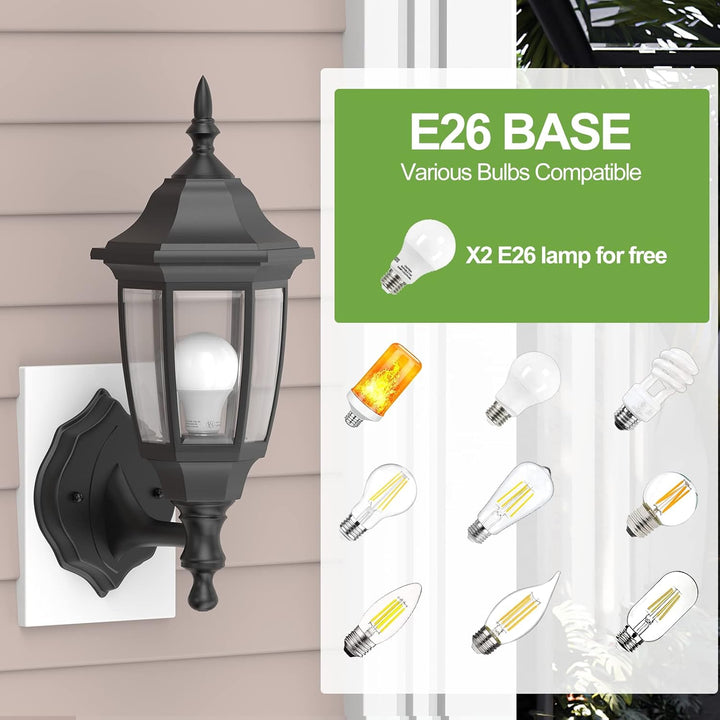 EMART Outdoor Porch Light, Exterior Wall Mount Lantern Fixtures, Anti - Corrosion Waterproof Plastic Material, E26 Socket Lamp for House, Garage, Outside, Backyard, Black, 2 Pack (Bulb Included) - Just Closeouts Canada Inc.