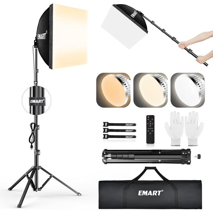 EMART Softbox Photography Lighting Kit, 16"X16" Soft Box | 3000K - 6000K 85W LED Bulbs with Remote | 65" Tripod, Professional Photo Studio Light for Video Recording, Portrait Shooting (1PACK) - Just Closeouts Canada Inc.