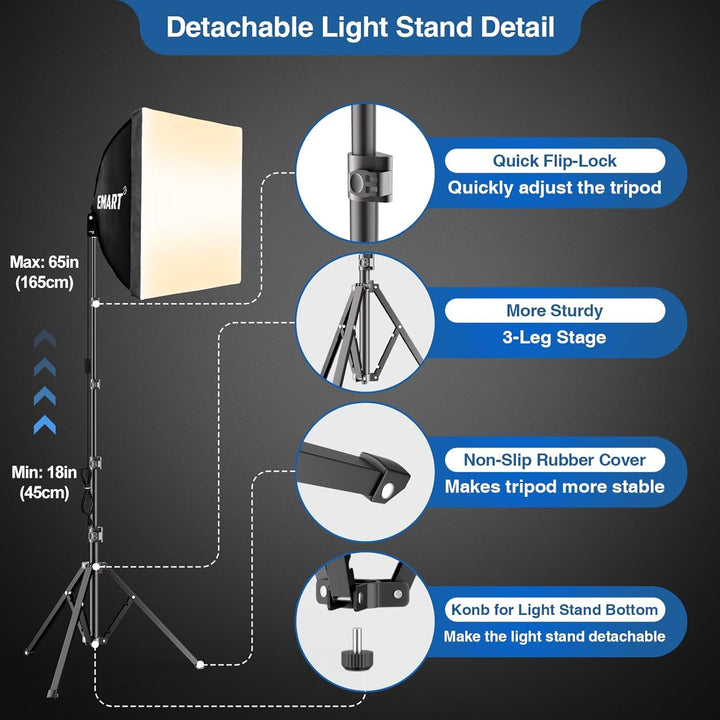 EMART Softbox Photography Lighting Kit, 16"X16" Soft Box | 3000K - 6000K 85W LED Bulbs with Remote | 65" Tripod, Professional Photo Studio Light for Video Recording, Portrait Shooting (1PACK) - Just Closeouts Canada Inc.