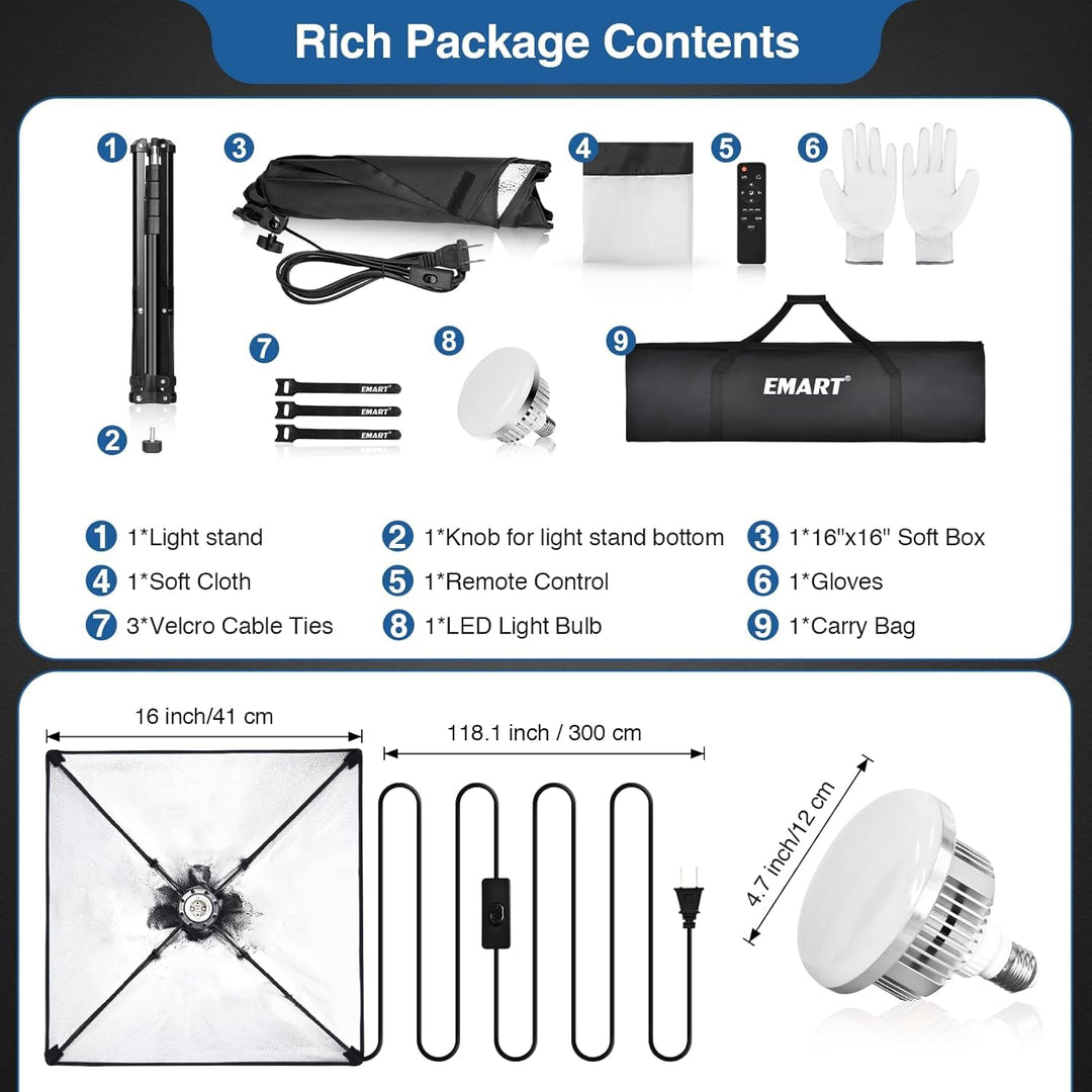 EMART Softbox Photography Lighting Kit, 16"X16" Soft Box | 3000K - 6000K 85W LED Bulbs with Remote | 65" Tripod, Professional Photo Studio Light for Video Recording, Portrait Shooting (1PACK) - Just Closeouts Canada Inc.