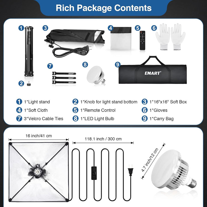 EMART Softbox Photography Lighting Kit, 16"X16" Soft Box | 3000K - 6000K 85W LED Bulbs with Remote | 65" Tripod, Professional Photo Studio Light for Video Recording, Portrait Shooting (1PACK) - Just Closeouts Canada Inc.
