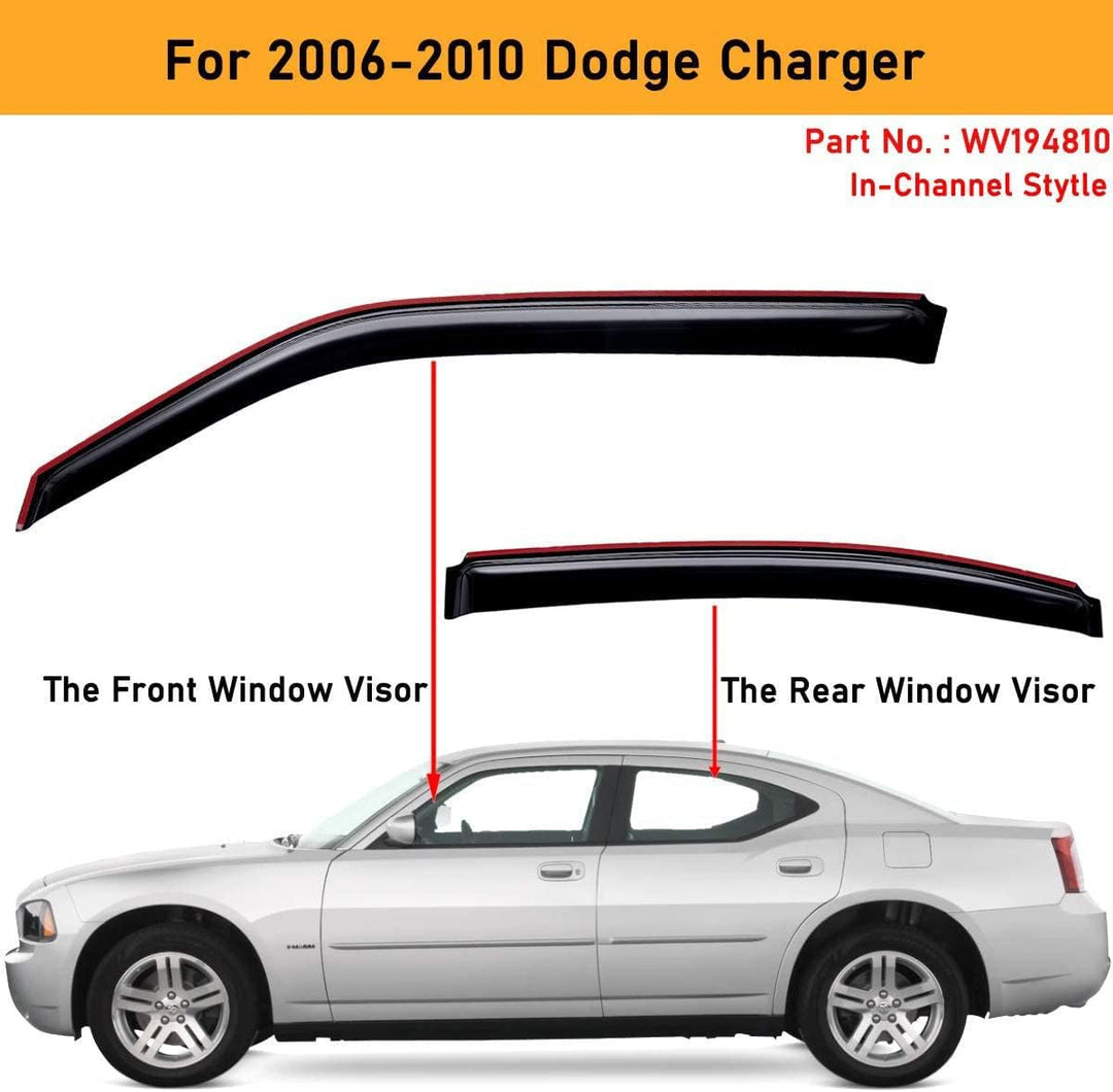 Extra Durable Clip - on in - Channel Auto Vent Window Visor, Fits 2006 - 2010 Dodge Charger, UV Protection Rain Guard, Original Wind Deflector, No - Drill Easy Install, Dark Smoke, 4 - Pcs - Just Closeouts Canada Inc.X002LEZ7Q1