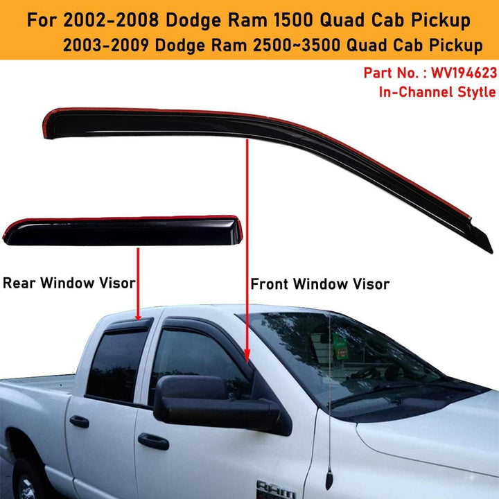 Extra Durable Clip - on in - Channel Auto Vent Window Visors, Fits 2002 - 2008 Dodge Ram 1500, 2003 - 2009 Ram 2500 & 3500, Quad Cab, UV - Protect Rain Guards, Original Wind Deflector, Smoke, 4 - Pcs - Just Closeouts Canada Inc.X002MTOM89