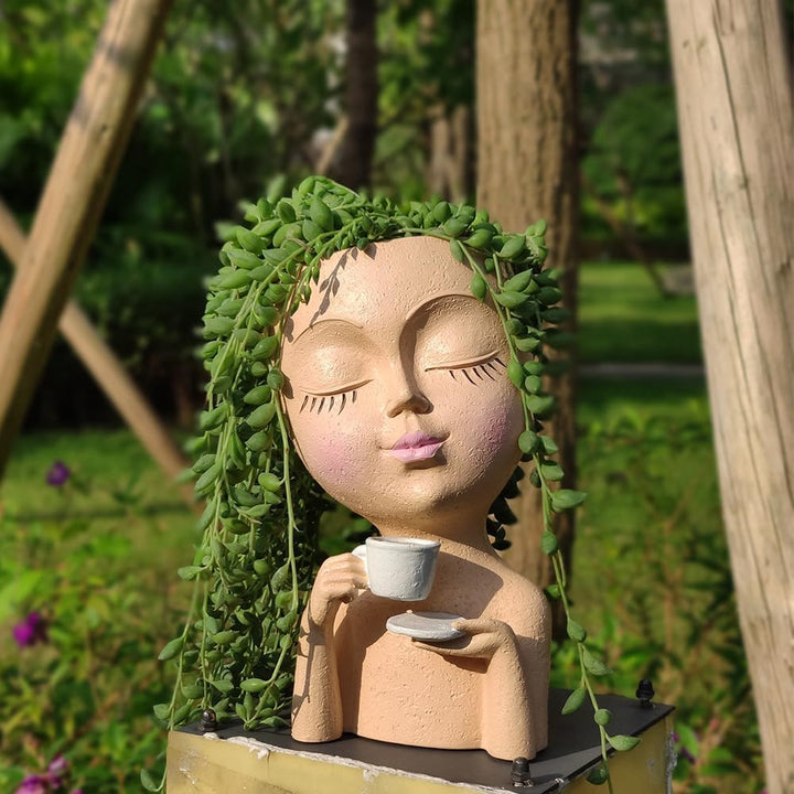 Face Planter Pots, Resin Face Planter for Indoor/Outdoor Plants,Head Planter with Drainage Hole/Removable Saucer,Girl Holding Coffe (Coffee, Skin) - Just Closeouts Canada Inc.