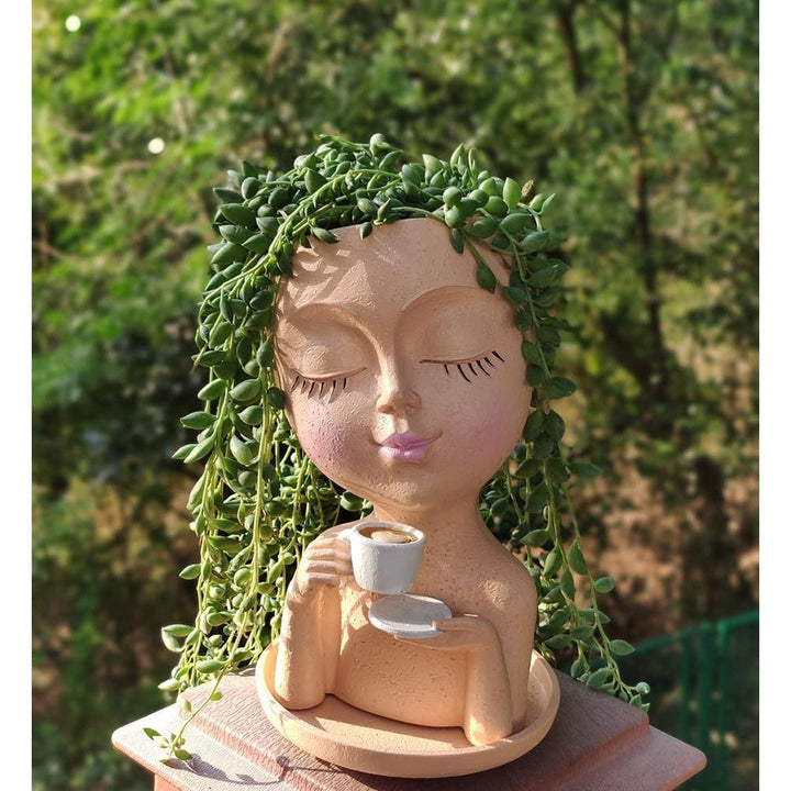 Face Planter Pots, Resin Face Planter for Indoor/Outdoor Plants,Head Planter with Drainage Hole/Removable Saucer,Girl Holding Coffe (Coffee, Skin) - Just Closeouts Canada Inc.