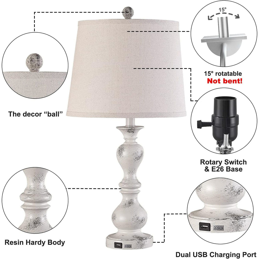 Farmhouse Table Lamp Set of 2, 26" Rustic Bedside Nightlight Lamp with 2 USB Ports, Vintage Bedside Lamp for Bedroom Living Room Study Office, Pack of 2 - Just Closeouts Canada Inc.