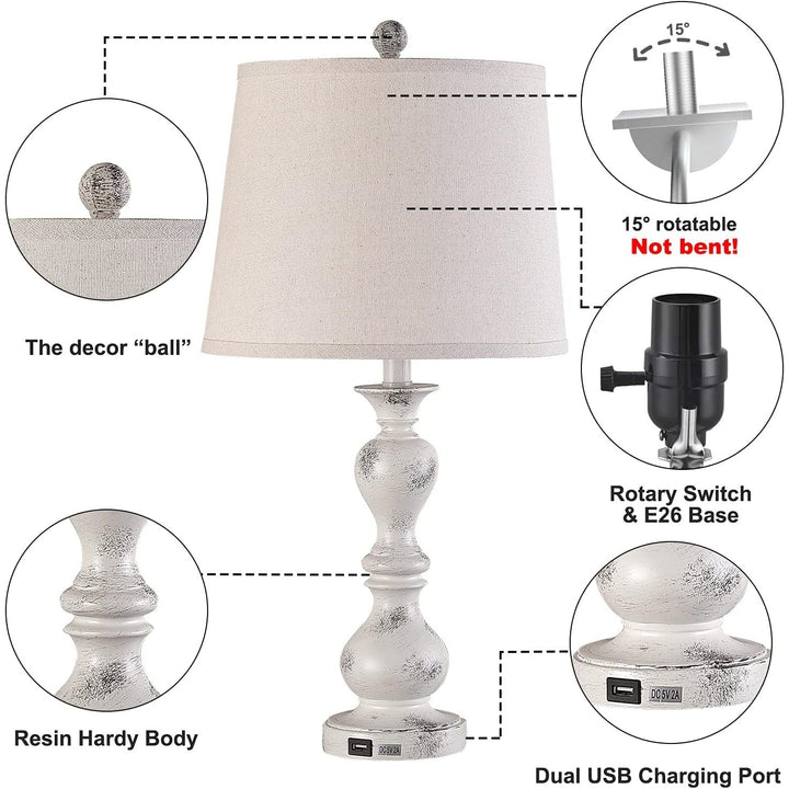 Farmhouse Table Lamp Set of 2, 26" Rustic Bedside Nightlight Lamp with 2 USB Ports, Vintage Bedside Lamp for Bedroom Living Room Study Office, Pack of 2 - Just Closeouts Canada Inc.