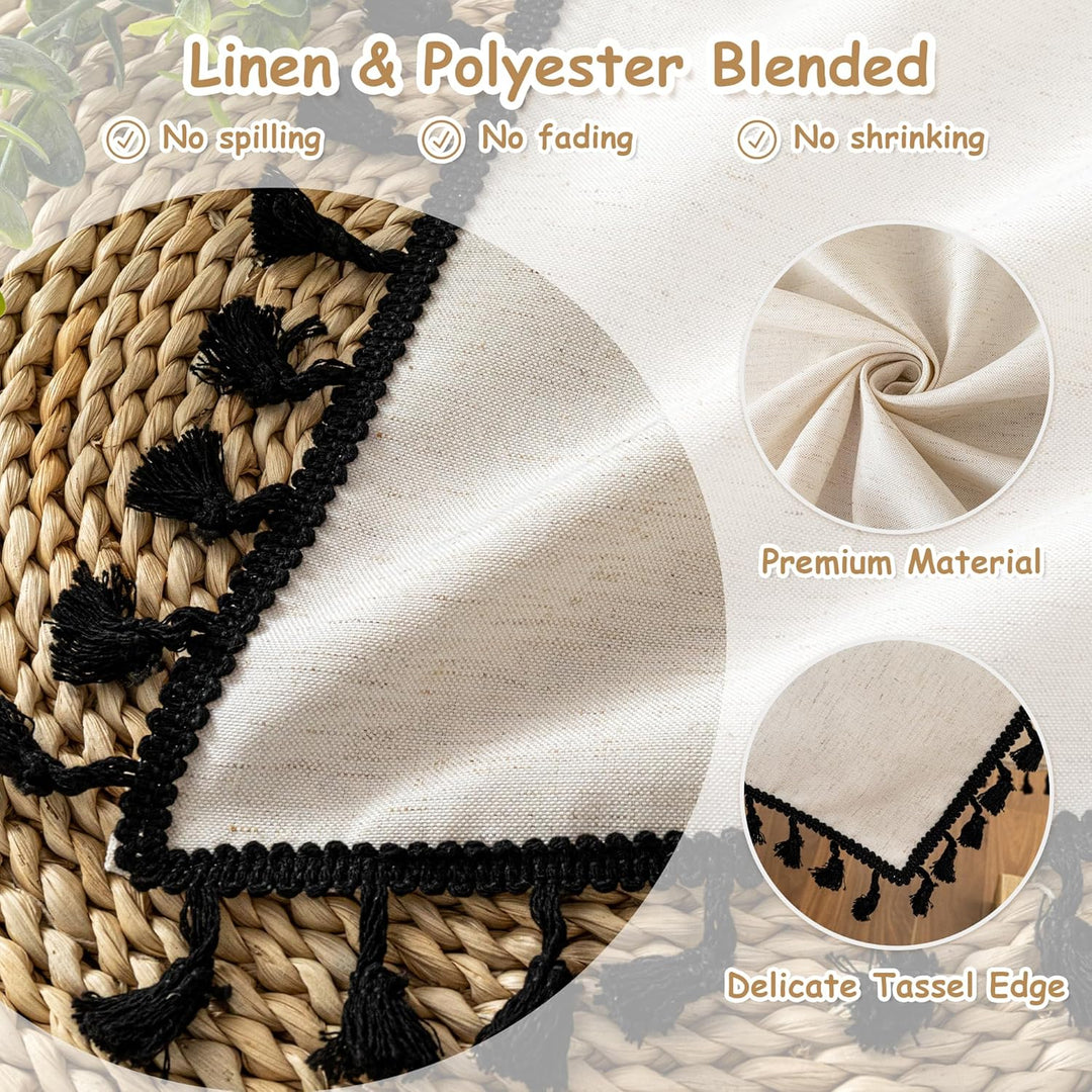 Faux Linen Table Cloth Nappe Table Rectangulaire 60x84 Inch, Boho Tablecloth Dustproof Table Cover for Kitchen Party Holiday Christmas Wedding Banquet, Beige with Black Tassels - Just Closeouts Canada Inc.X003L4LWKF