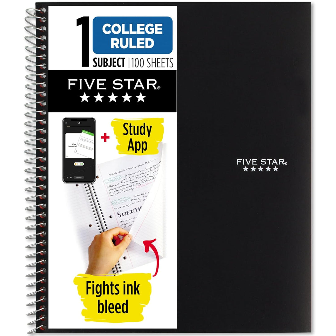 Five Star 1-Subject Spiral Notebook, 8.5" x 11" Paper Size, College Ruled, 200 Pages/100 Sheets, Neat Sheet Perforated Pages, Wirebound, Black Poly Cover, Pack of 1 (72057) - Just Closeouts Canada Inc.043100720577