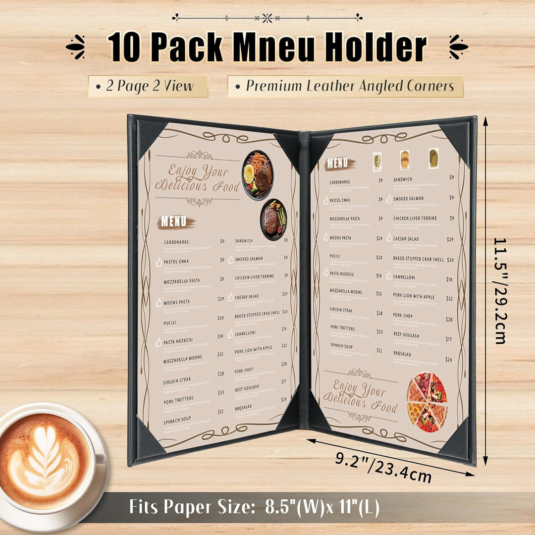 FLKQC Menu Covers Menu Holders 8.5" x 11" | 10PCS Restaurant Menu Holders Menu Sleeves Synthetic Leather Double Fold Panels Menu Cover Black Menu Folder for Wine List, Drinks (2 View) - Just Closeouts Canada Inc.