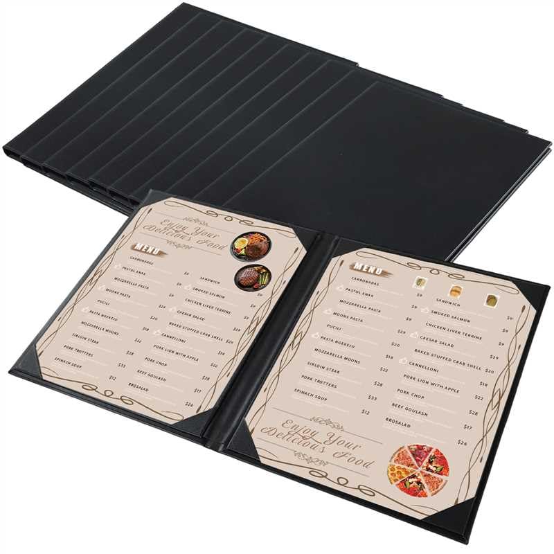 FLKQC Menu Covers Menu Holders 8.5" x 11" | 10PCS Restaurant Menu Holders Menu Sleeves Synthetic Leather Double Fold Panels Menu Cover Black Menu Folder for Wine List, Drinks (2 View) - Just Closeouts Canada Inc.