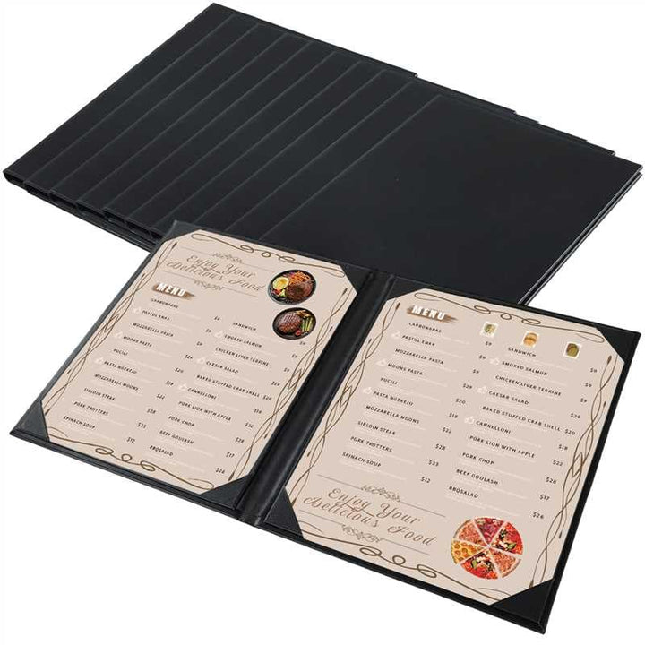 FLKQC Menu Covers Menu Holders 8.5" x 11" | 10PCS Restaurant Menu Holders Menu Sleeves Synthetic Leather Double Fold Panels Menu Cover Black Menu Folder for Wine List, Drinks (2 View) - Just Closeouts Canada Inc.