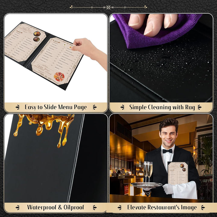 FLKQC Menu Covers Menu Holders 8.5" x 11" | 10PCS Restaurant Menu Holders Menu Sleeves Synthetic Leather Double Fold Panels Menu Cover Black Menu Folder for Wine List, Drinks (2 View) - Just Closeouts Canada Inc.