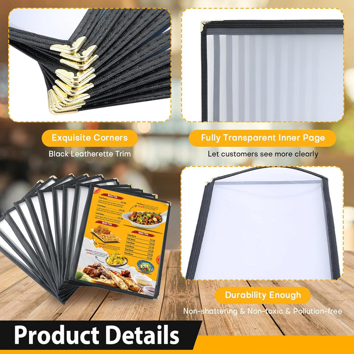 FLKQC Menu Covers Menu Holders 8.5" x 11" | 10PCS Transparent Restaurant Menu Covers Menu Sleeves for Kitchen, Drink, Wine Menu Covers Black (2 Page) - Just Closeouts Canada Inc.