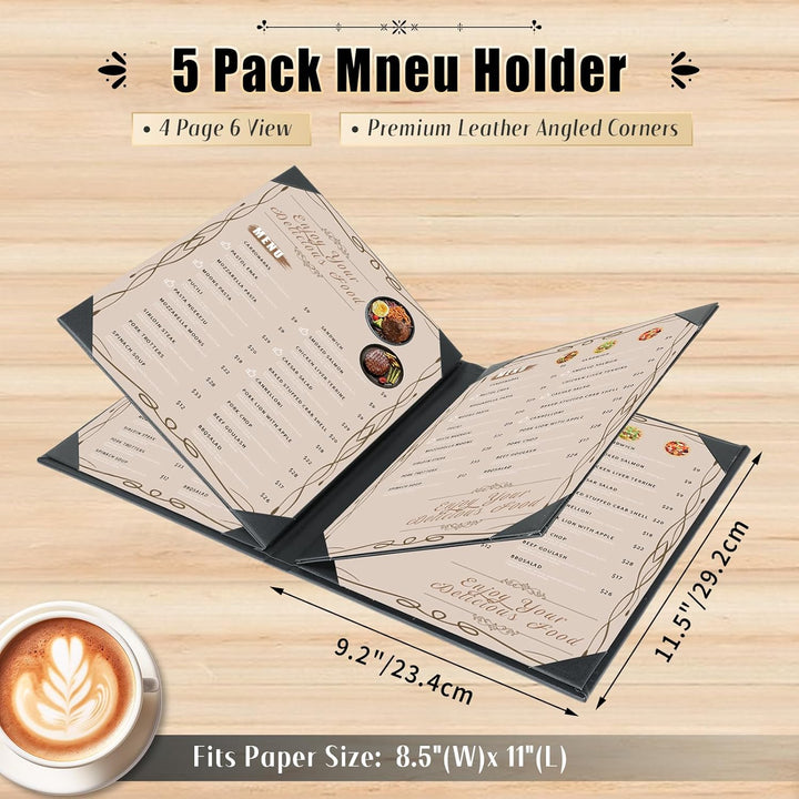 FLKQC Restaurant Menu Covers Holders 8.5" X 11" | Pack of 5 Menu Holder Covers Book Style with Angled Corners Black for Wine List (5, 6 View (8.5" x 11")) - Just Closeouts Canada Inc.