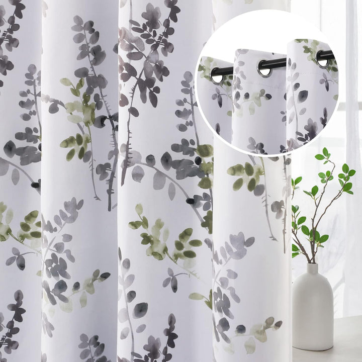 Floral Grommet Curtains, Grey and Sage, 52 x 84 in, 2 Panels - Just Closeouts Canada Inc.