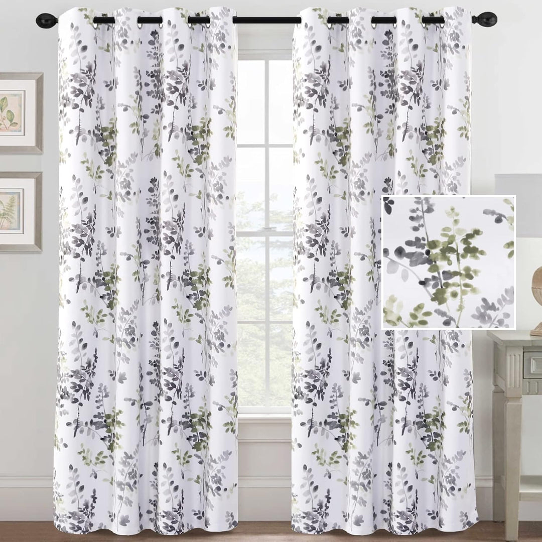 Floral Grommet Curtains, Grey and Sage, 52 x 84 in, 2 Panels - Just Closeouts Canada Inc.