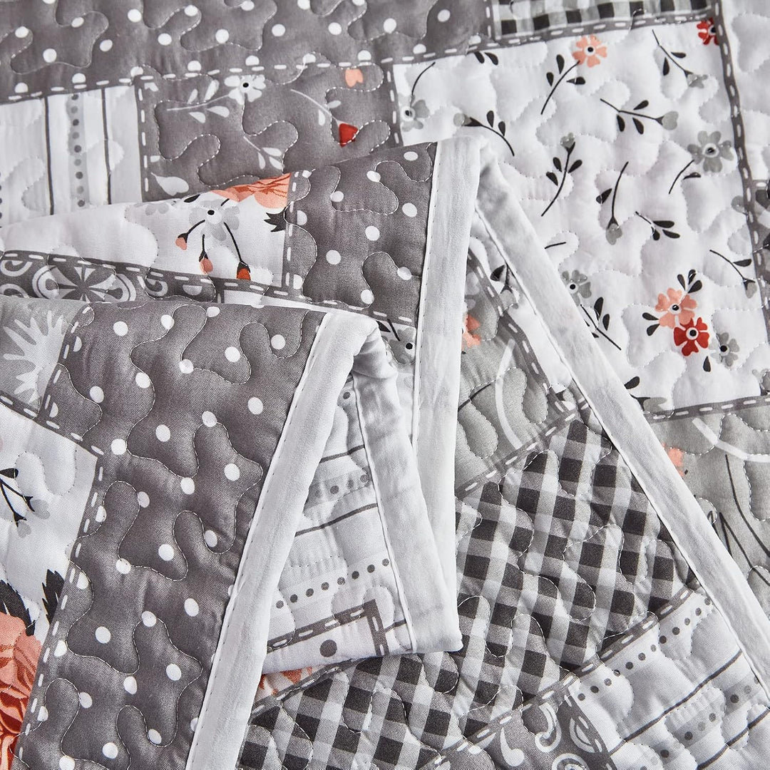 Floral Patchwork Quilt Set 3 Pieces Full/Queen Size, Grey Plaid Reversible Bedspread Coverlet Set, Soft Microfiber Lightweight Bed Cover for All Season (90" x 90", 1 Quilt+ 2 Pillow Shams) - Just Closeouts Canada Inc.