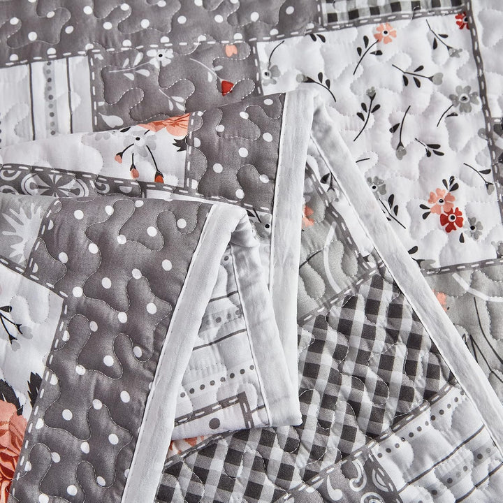 Floral Patchwork Quilt Set 3 Pieces Full/Queen Size, Grey Plaid Reversible Bedspread Coverlet Set, Soft Microfiber Lightweight Bed Cover for All Season (90" x 90", 1 Quilt+ 2 Pillow Shams) - Just Closeouts Canada Inc.