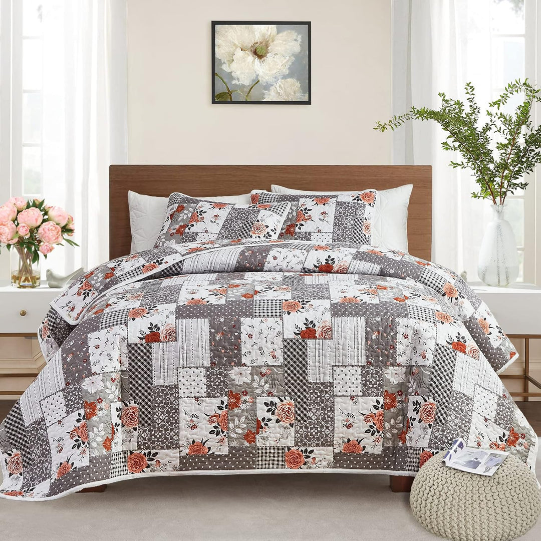 Floral Patchwork Quilt Set 3 Pieces Full/Queen Size, Grey Plaid Reversible Bedspread Coverlet Set, Soft Microfiber Lightweight Bed Cover for All Season (90" x 90", 1 Quilt+ 2 Pillow Shams) - Just Closeouts Canada Inc.
