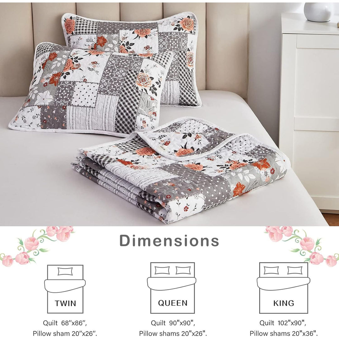 Floral Patchwork Quilt Set 3 Pieces Full/Queen Size, Grey Plaid Reversible Bedspread Coverlet Set, Soft Microfiber Lightweight Bed Cover for All Season (90" x 90", 1 Quilt+ 2 Pillow Shams) - Just Closeouts Canada Inc.