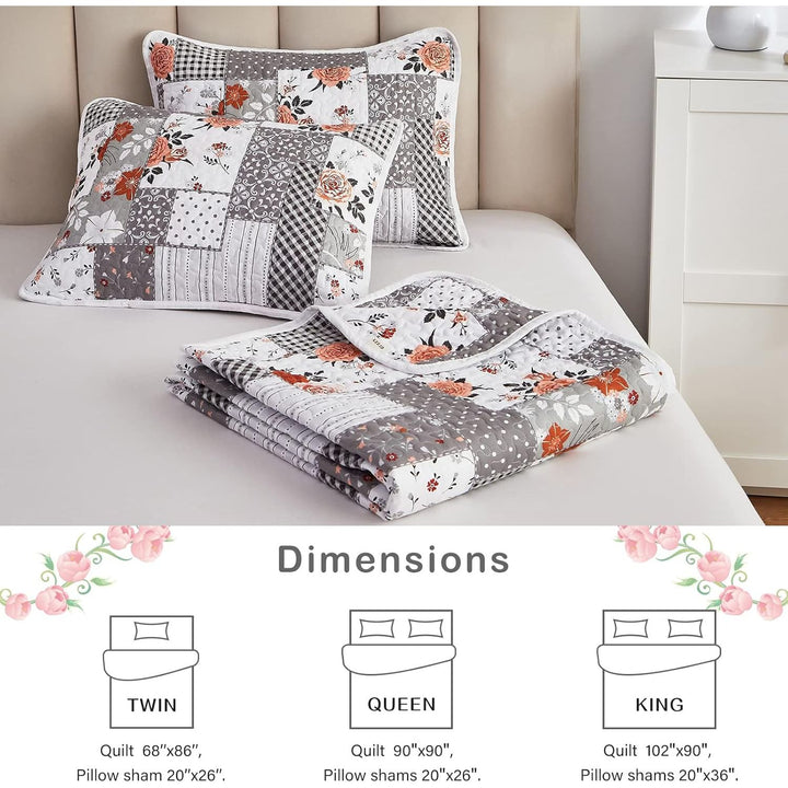 Floral Patchwork Quilt Set 3 Pieces Full/Queen Size, Grey Plaid Reversible Bedspread Coverlet Set, Soft Microfiber Lightweight Bed Cover for All Season (90" x 90", 1 Quilt+ 2 Pillow Shams) - Just Closeouts Canada Inc.