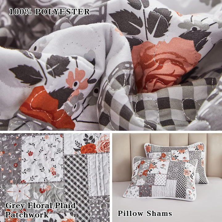 Floral Patchwork Quilt Set 3 Pieces Full/Queen Size, Grey Plaid Reversible Bedspread Coverlet Set, Soft Microfiber Lightweight Bed Cover for All Season (90" x 90", 1 Quilt+ 2 Pillow Shams) - Just Closeouts Canada Inc.