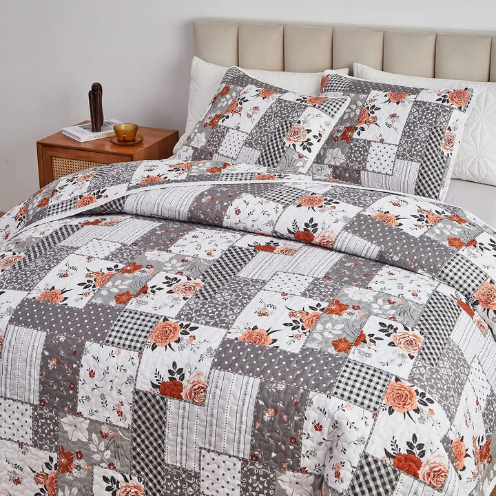 Floral Patchwork Quilt Set 3 Pieces Full/Queen Size, Grey Plaid Reversible Bedspread Coverlet Set, Soft Microfiber Lightweight Bed Cover for All Season (90" x 90", 1 Quilt+ 2 Pillow Shams) - Just Closeouts Canada Inc.