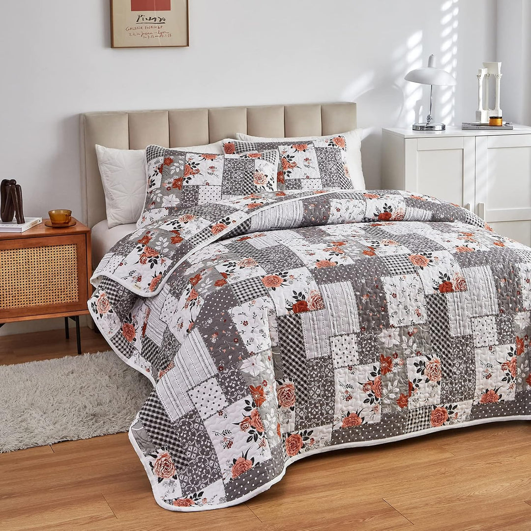 Floral Patchwork Quilt Set 3 Pieces Full/Queen Size, Grey Plaid Reversible Bedspread Coverlet Set, Soft Microfiber Lightweight Bed Cover for All Season (90" x 90", 1 Quilt+ 2 Pillow Shams) - Just Closeouts Canada Inc.