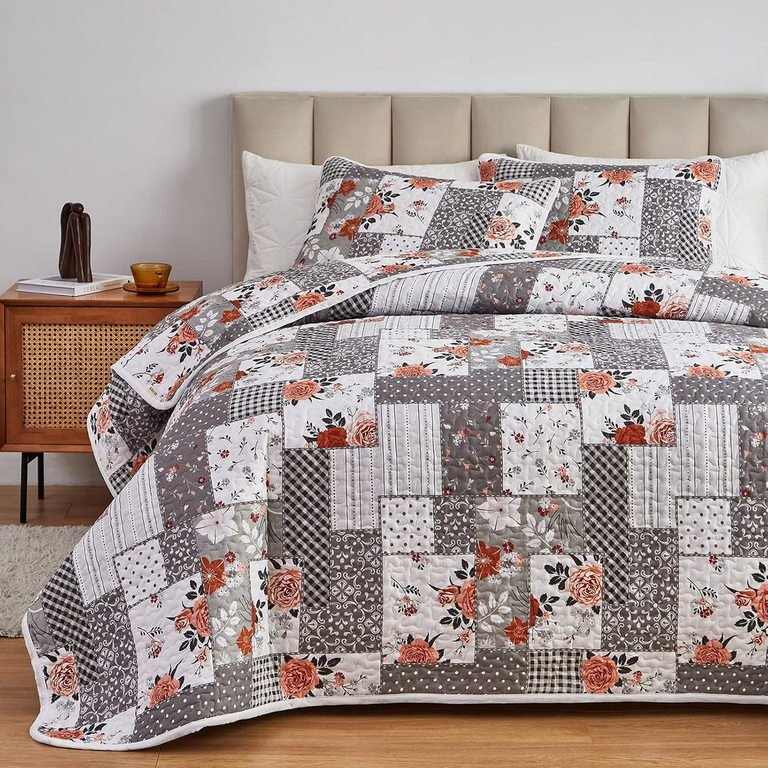 Floral Patchwork Quilt Set 3 Pieces Full/Queen Size, Grey Plaid Reversible Bedspread Coverlet Set, Soft Microfiber Lightweight Bed Cover for All Season (90" x 90", 1 Quilt+ 2 Pillow Shams) - Just Closeouts Canada Inc.
