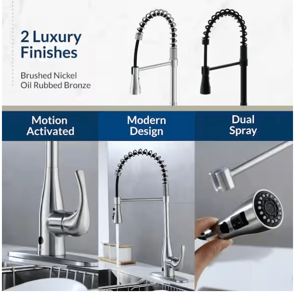 FLOW Motion Activated & Manual Single - Handle Pull - Down Spring Neck Sprayer Kitchen Faucet, Brushed Nickel - Just Closeouts Canada Inc.