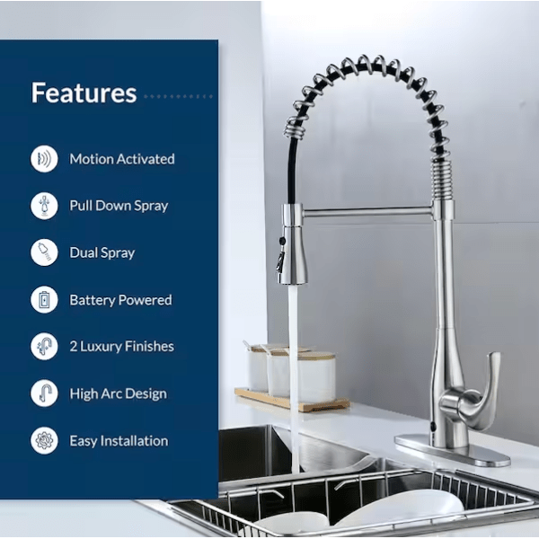 FLOW Motion Activated & Manual Single - Handle Pull - Down Spring Neck Sprayer Kitchen Faucet, Brushed Nickel - Just Closeouts Canada Inc.