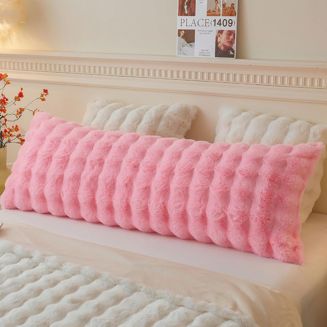 Fluffy Faux Rabbit Fur Body Pillow Cover, Soft Cute Bubble Waffle Shaggy Plush Bed Body Pillowcase with Zipper Closure, Long 20"x54" Fuzzy Furry Pillow Case for Pregnancy Side Sleeper, Pink - Just Closeouts Canada Inc.X004LZ43XL