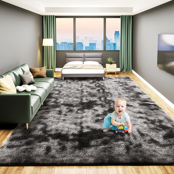 Fluffy Soft Rug for Living Room, 5x7 Indoor Modern Area Rugs Fluffy Bedroom, Thick Large Carpets for Kids Bedroom Home Decor Nursery Rug, High Pile Soft Throw Rug, Anti - Skid, Tie - Dyed Dark Grey - Just Closeouts Canada Inc.