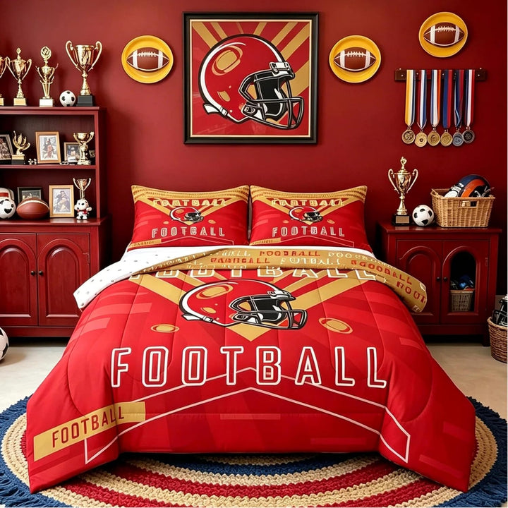 Football Bedding Set Boys Girls Twin Size Comforter Set Sports Themed Women Men Football City Duvet Quilt Rugby Sports Red Brown Room Decor - Just Closeouts Canada Inc.X004NU3S03
