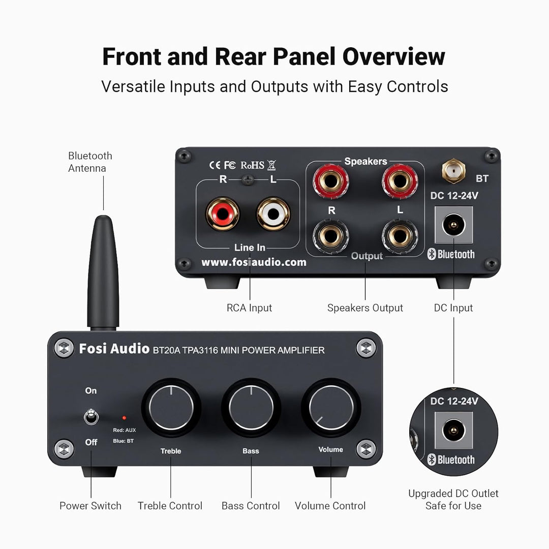 Fosi Audio BT20A Bluetooth Stereo Amplifier, 2 Channel Home Audio Component Amplifiers for Passive Speakers, Mini Class D Amp Receiver 200W for Indoor, Outdoor, Garage, Ceiling, Bookshelf Speaker - Just Closeouts Canada Inc.