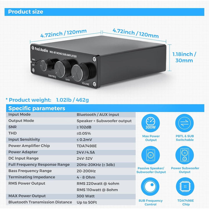 Fosi Audio M01 - BT Bluetooth 5.0 300 Watt Subwoofer Amplifier Home Theater Full - Frequency Mini Stereo Audio Hi - Fi Mono Power Amp with Bass Gain Control for Passive Subwoofer Speaker Bass Shaker - Just Closeouts Canada Inc.