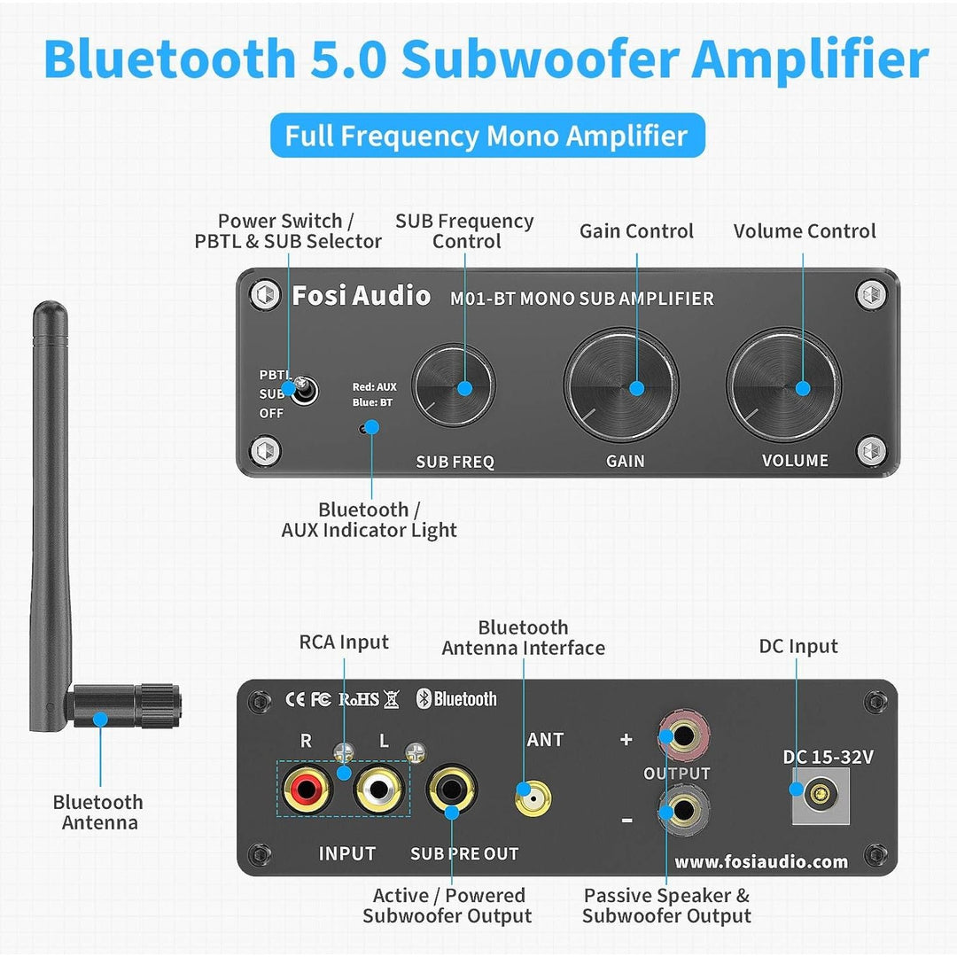 Fosi Audio M01 - BT Bluetooth 5.0 300 Watt Subwoofer Amplifier Home Theater Full - Frequency Mini Stereo Audio Hi - Fi Mono Power Amp with Bass Gain Control for Passive Subwoofer Speaker Bass Shaker - Just Closeouts Canada Inc.